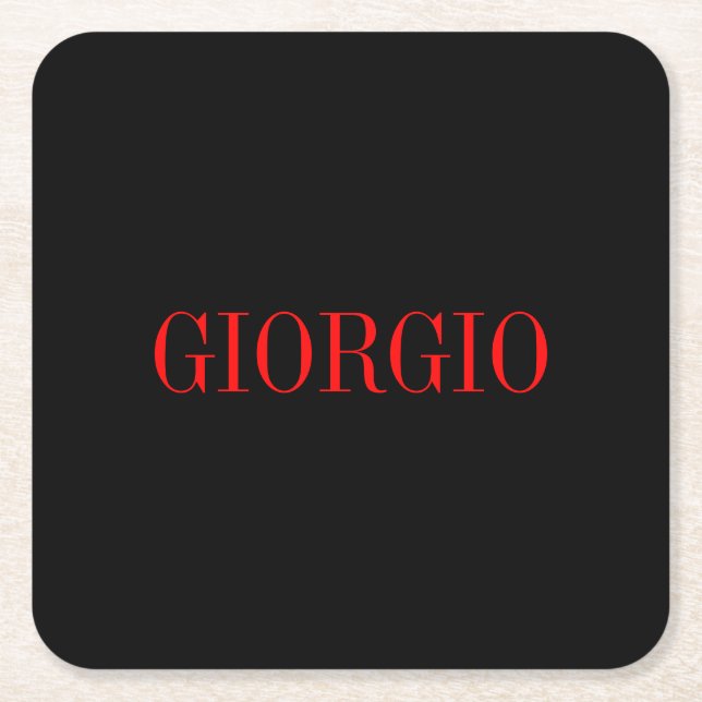 Black Red Your Name Minimalist Personal Modern Square Paper Coaster (Front)