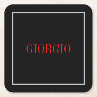Black Red Your Name Minimalist Personal Modern Square Paper Coaster