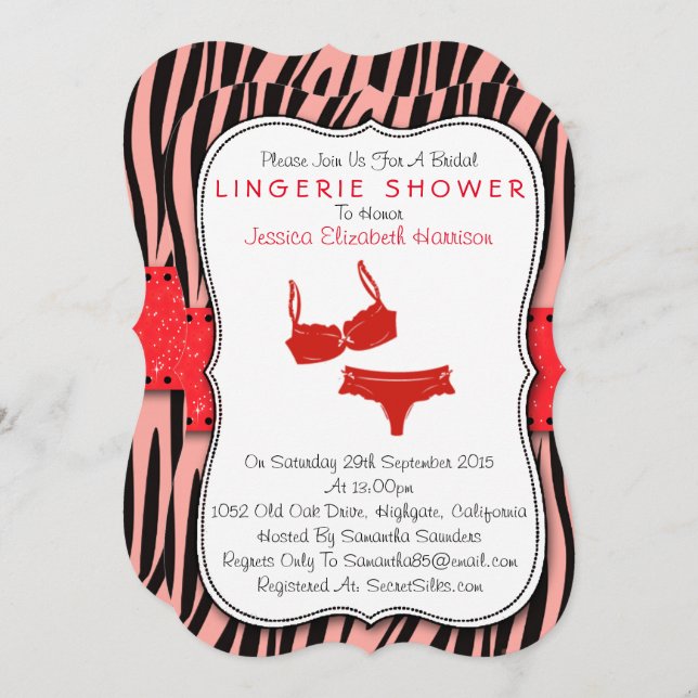 Black & Red Zebra Print Bracket Lingerie Shower Invitation (Front/Back)
