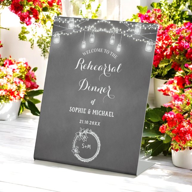Black Rehearsal Dinner String Lights Welcome Pedestal Sign (Creator Uploaded)