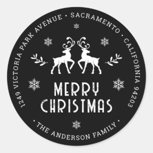 Black Reindeer Snowflake Christmas Return Address Classic Round Sticker