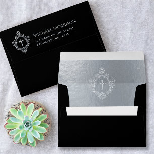 Black Religious Cross in Crest Faux Silver Elegant Envelope