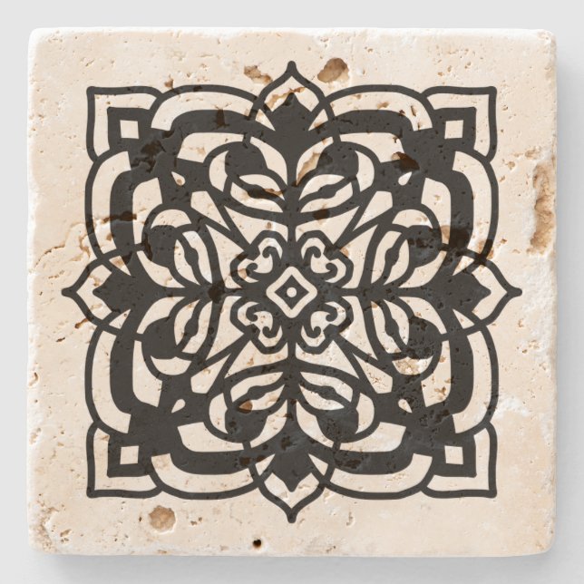 Black Renaissance Inspired Floral Design Stone Coaster (Front)