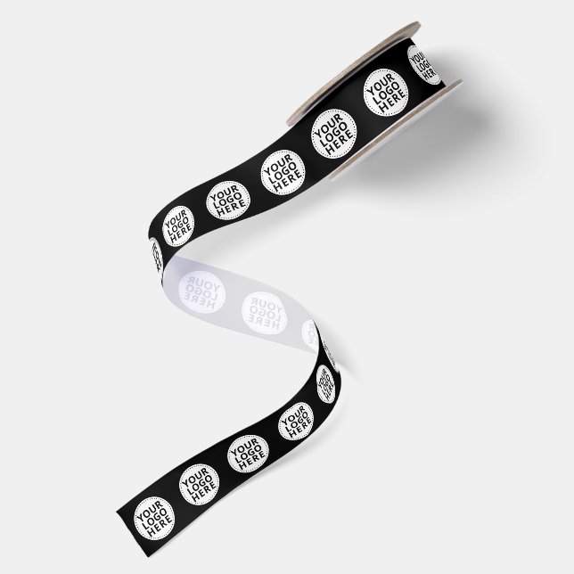 Black Repeating Business Logo Satin Ribbon (Front+Back)