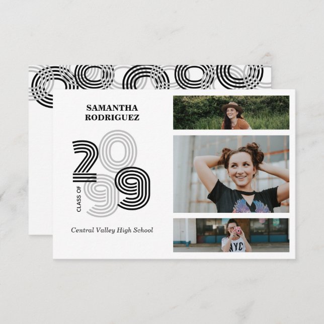 Black Retro Big Numbers 3-Photo Graduation Invitation (Front/Back)
