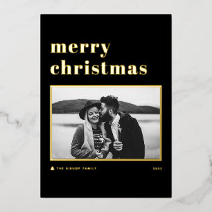 Black Retro Bold Typography Merry Christmas Photo Foil Holiday Card