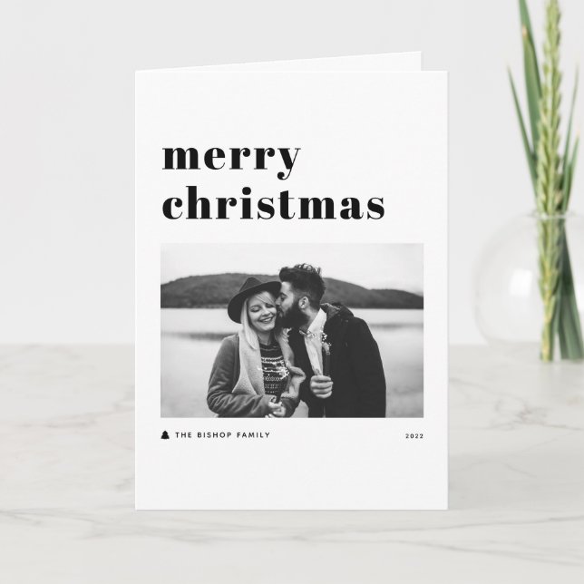 Black Retro Bold Typography Merry Christmas Photo Holiday Card (Front)