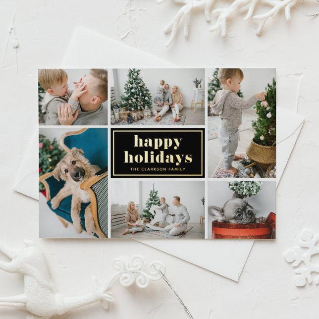 Black Retro Bold Typography Photo Collage Foil Holiday Postcard (Customizable photo collage happy holidays postcard featuring retro typography in gold foil.)