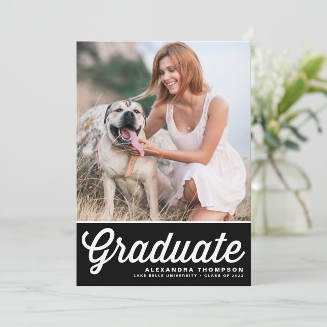Black Retro Bold Typography Photo Graduation Invitation (Standing Front)