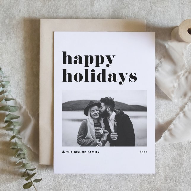 Black Retro Bold Typography Photo Happy Holidays Holiday Card (Creator Uploaded)