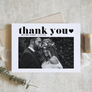 Black Retro Bold Typography Photo Wedding Thank You Card