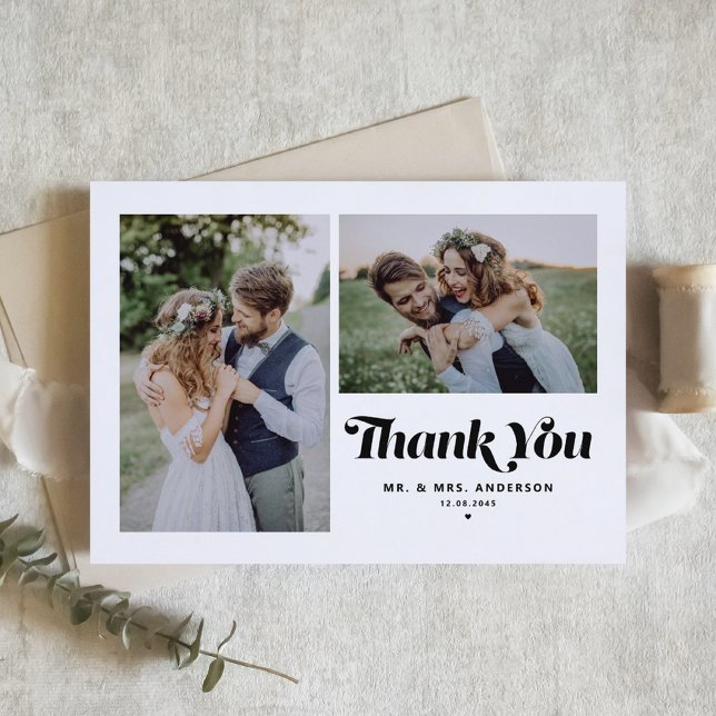 Black Retro Calligraphy Two Photo Wedding Thank You Card (Creator Uploaded)