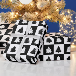 Black Retro Christmas Tree Black tartan Plaid Wrapping Paper