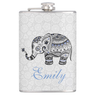 Black Retro Flowers & Elephant Blue Diamonds Hip Flask