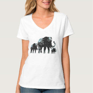 Black Retro Flowers Elephant Family T-Shirt