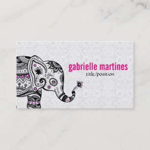 Black Retro Flowers & Elephant Pink Diamonds Business Card