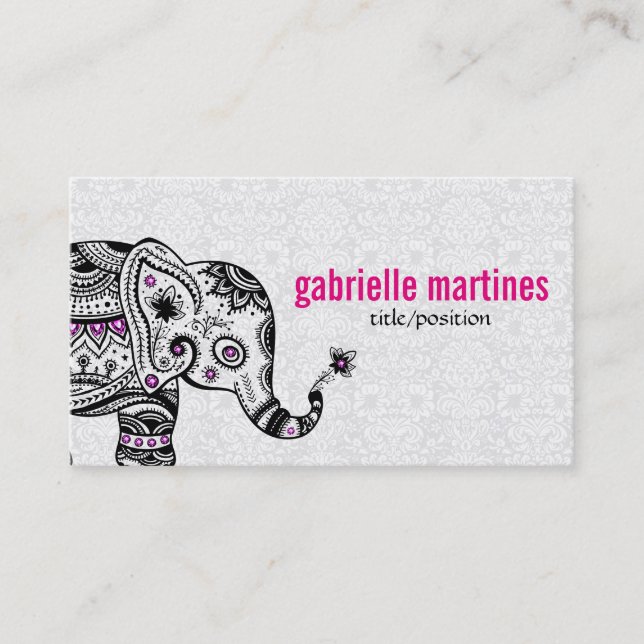 Black Retro Flowers & Elephant Pink Diamonds Business Card (Front)