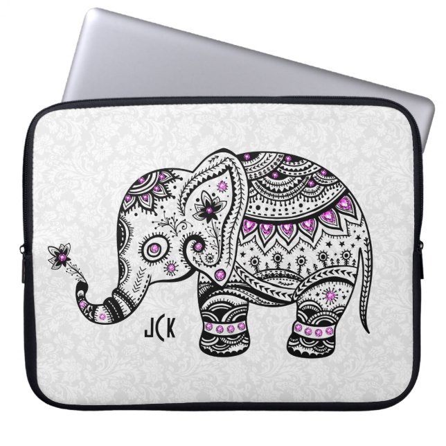 Black Retro Flowers & Elephant Pink Diamonds Laptop Sleeve (Front)