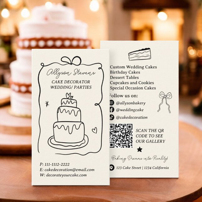 Black Retro French Scribble cake decorator qr code Business Card (Black Retro French Scribble cake decorator qr code Business Card)