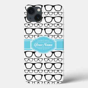 Black Retro Geek Glasses Aqua Personalised Name iPhone 13 Case