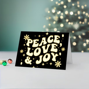 Black Retro Groovy Peace Love Joy Christmas Foil Holiday Card