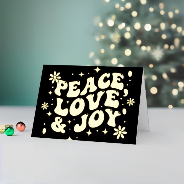 Black Retro Groovy Peace Love Joy Christmas Foil Holiday Card (Holiday In Situ 2)