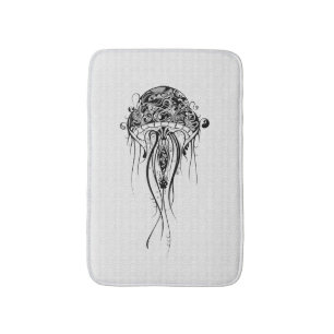 Black Retro Jellyfish Over White Background Bath Mat
