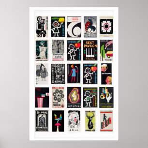 Black Retro matchbox labels wall art, grid Poster