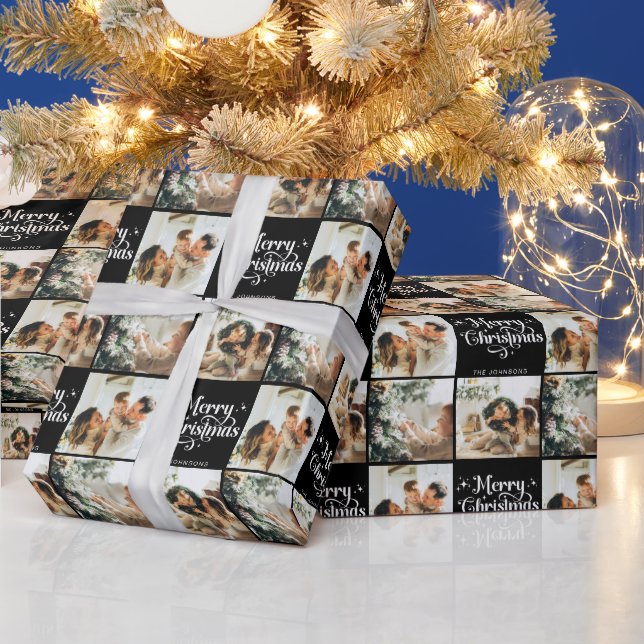 Black Retro Merry Christmas Family 3 Photo Collage Wrapping Paper (Holidays)
