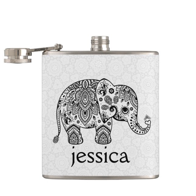 Black Retro Paisley Elephant Illustration Hip Flask (Opened)