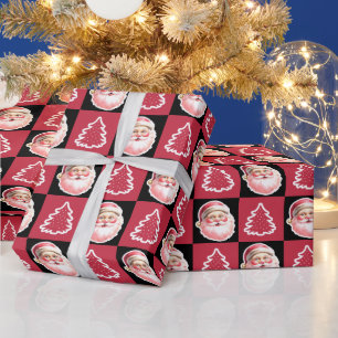 Black Retro Santa Claus Christmas Tree Plaid Wrapping Paper