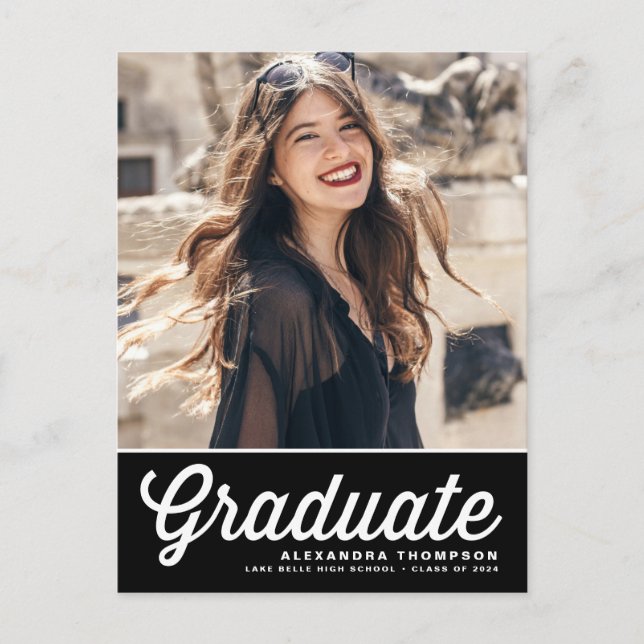 Black Retro Script Class of 2026 Photo Graduation Announcement Postcard (Front)