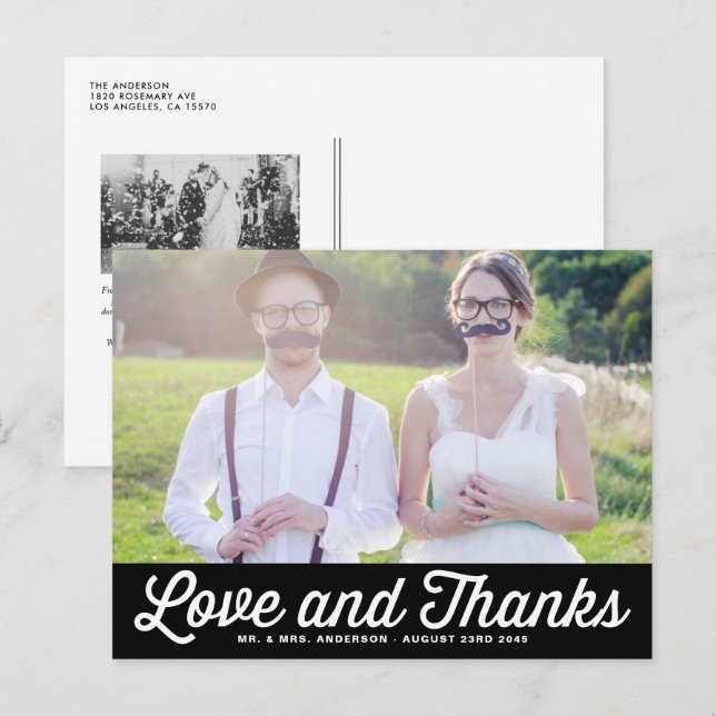 Black Retro Script Photo Wedding Thank You Postcard (Front/Back)