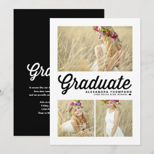 Black Retro Script Three Photo Graduation Invitation