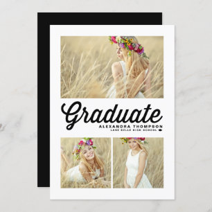 Black Retro Script Three Photo Graduation Invitation