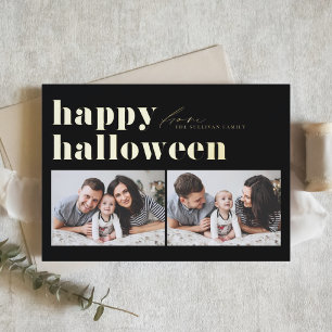 Black Retro Typography Happy Halloween Two Photo  Foil Holiday Card