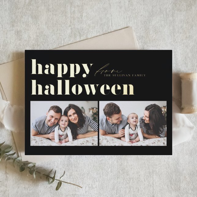 Black Retro Typography Happy Halloween Two Photo  Foil Holiday Card (Creator Uploaded)