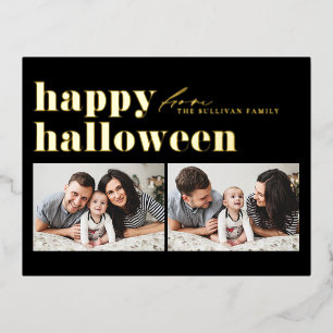 Black Retro Typography Happy Halloween Two Photo  Foil Holiday Postcard