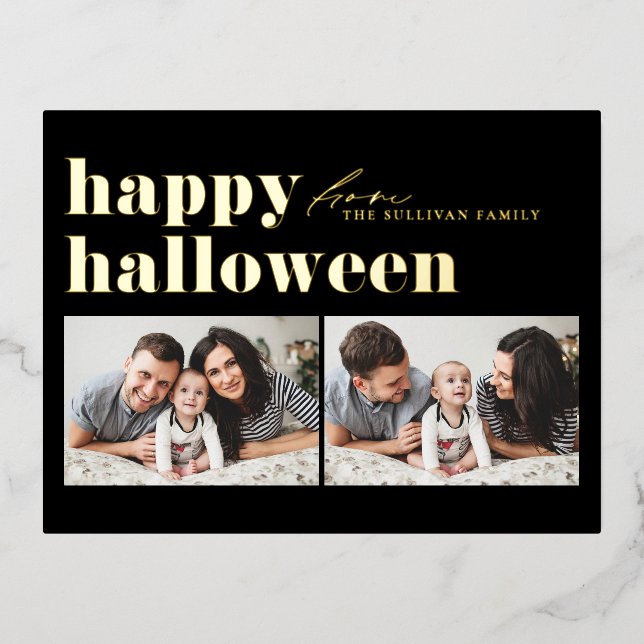 Black Retro Typography Happy Halloween Two Photo  Foil Holiday Postcard (Front)