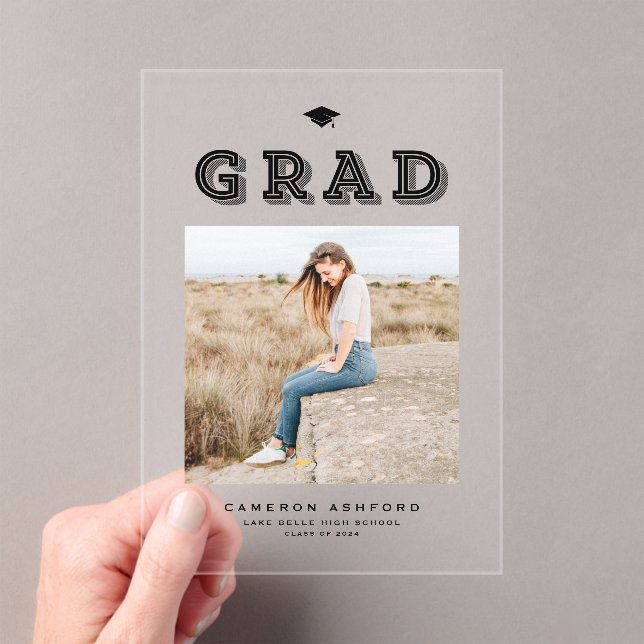 Black Retro Typography Photo Graduation Acrylic Invitations (Insitu (Handheld))