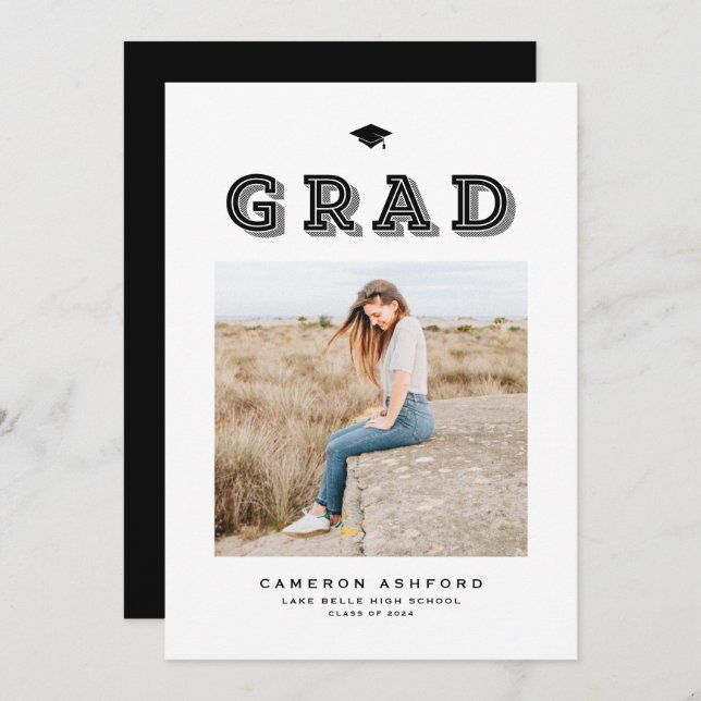 Black Retro Typography Photo Graduation Announcement (Front/Back)