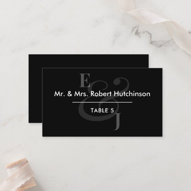 Black Reverse Ampersand Wedding | Table Seating Place Card (Front/Back In Situ)