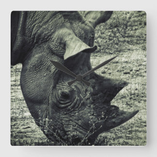 Black Rhino Grazing, Grunge, Monochrome Square Wall Clock