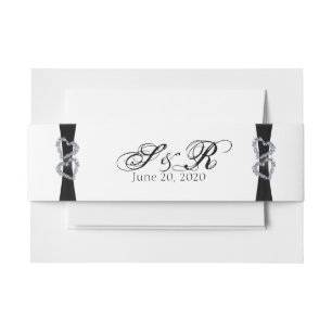 Black Ribbon and Diamond Hearts Wedding Belly Band Invitation Belly Band