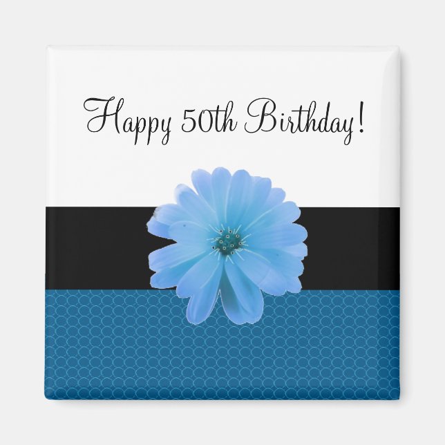 Black Ribbon Blue Flower 50th Birthday Magnet (Front)