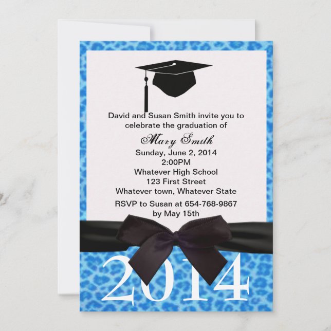 Black Ribbon Blue Leopard Graduation Invitation (Front)