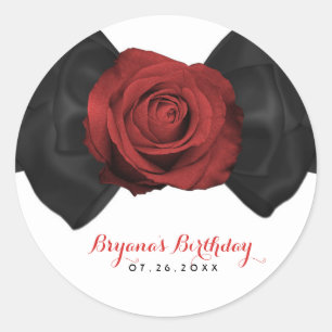 Black Ribbon Bow & Red Rose Elegant Custom Favour Classic Round Sticker