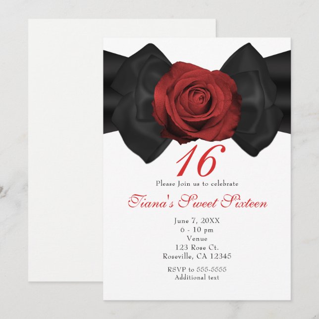Black Ribbon Bow & Red Rose Elegant Invitations (Front/Back)