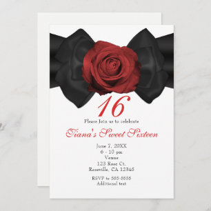 Black Ribbon Bow & Red Rose Elegant Invitations