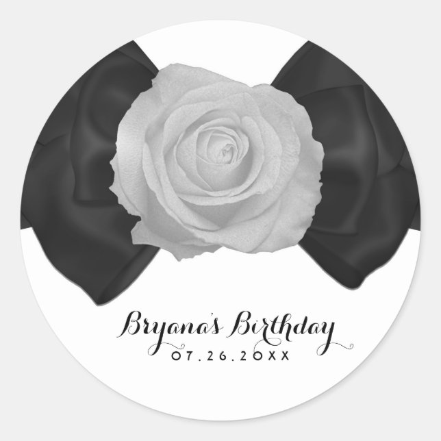 Black Ribbon Bow & White Rose Elegant Custom Favou Classic Round Sticker (Front)